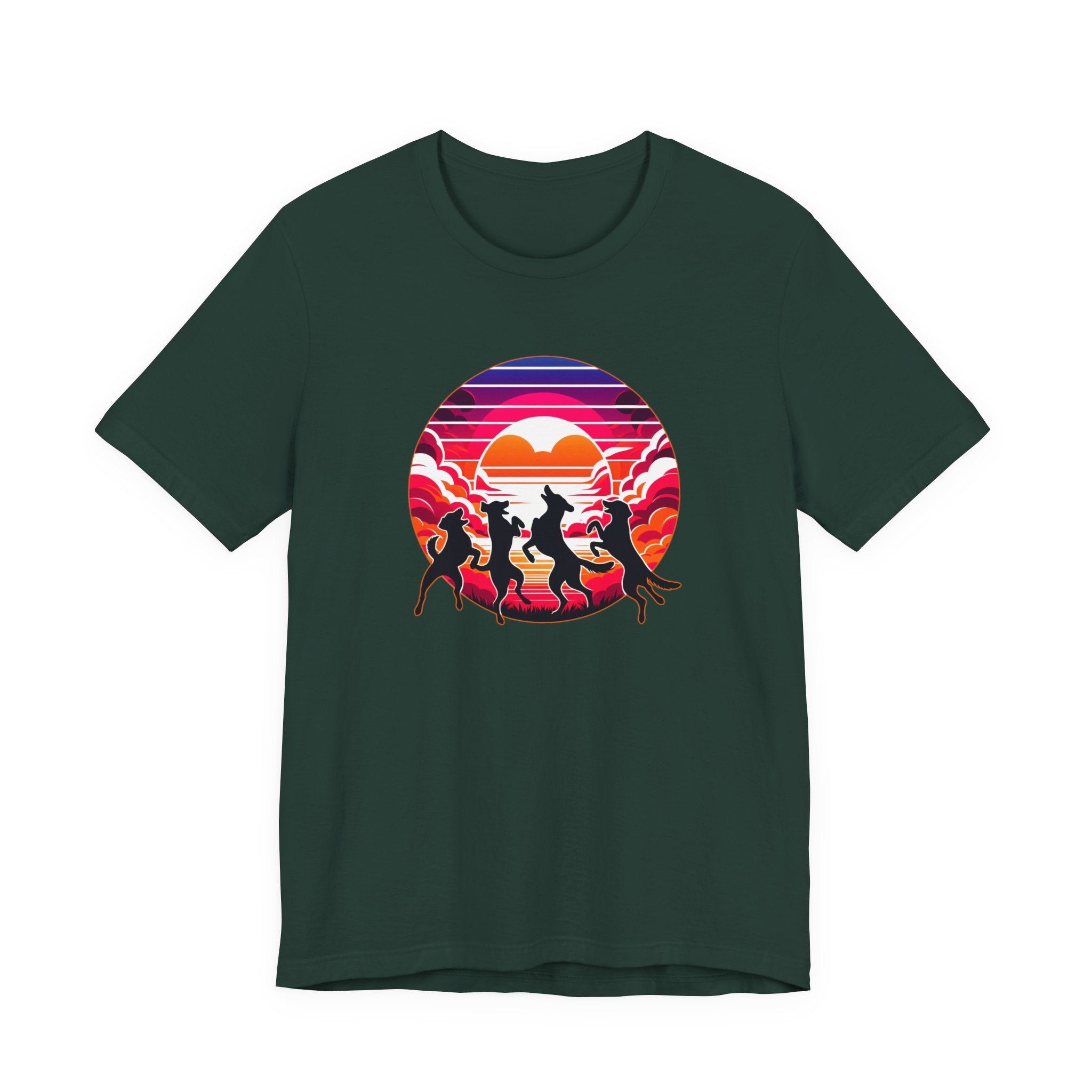 Retro Sunset Dancing Dogs T-Shirt — Vintage Rainbow Skyline Graphic Tee