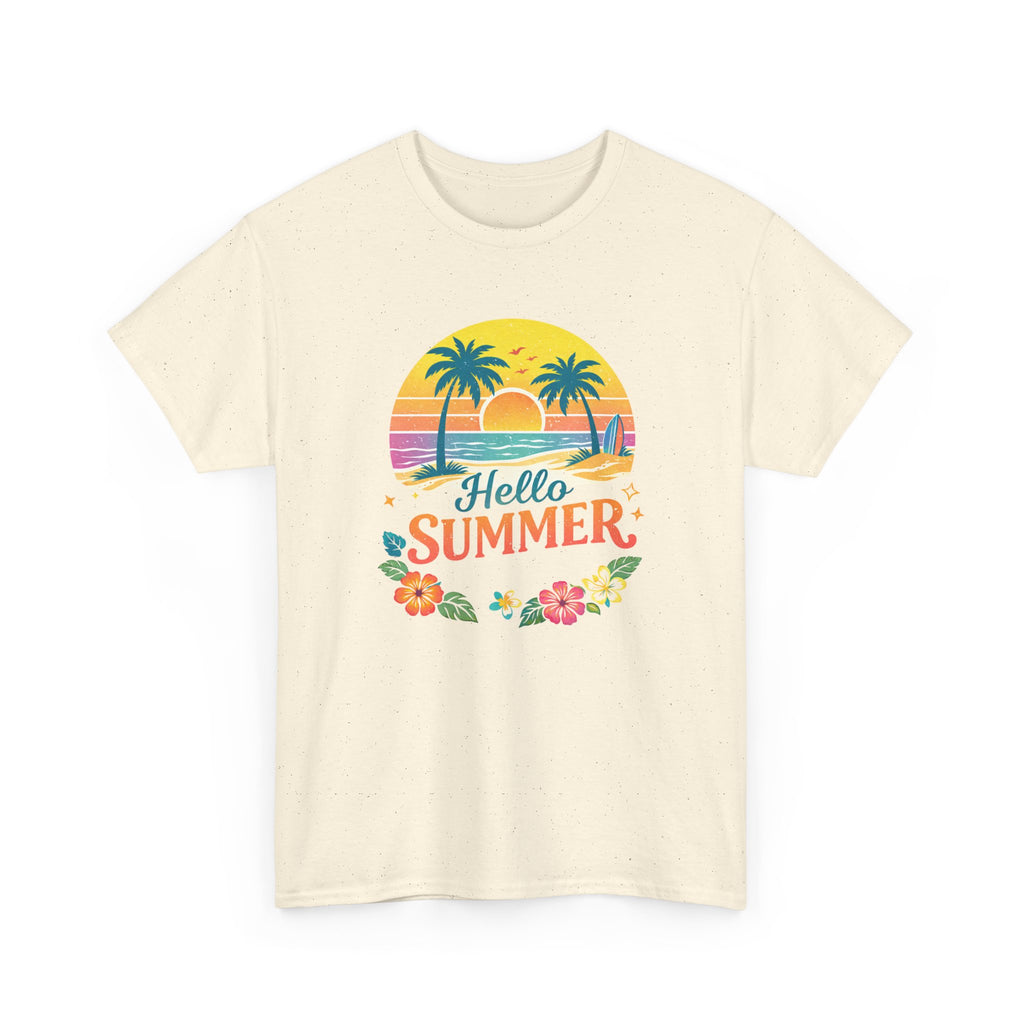 Beige retro t-shirt with 'Hello Summer' graphic design featuring palm trees and flowers on a white background