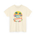 Beige retro t-shirt with 'Hello Summer' graphic design featuring palm trees and flowers on a white background