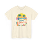 Beige retro t-shirt with 'Hello Summer' graphic design featuring palm trees and flowers on a white background