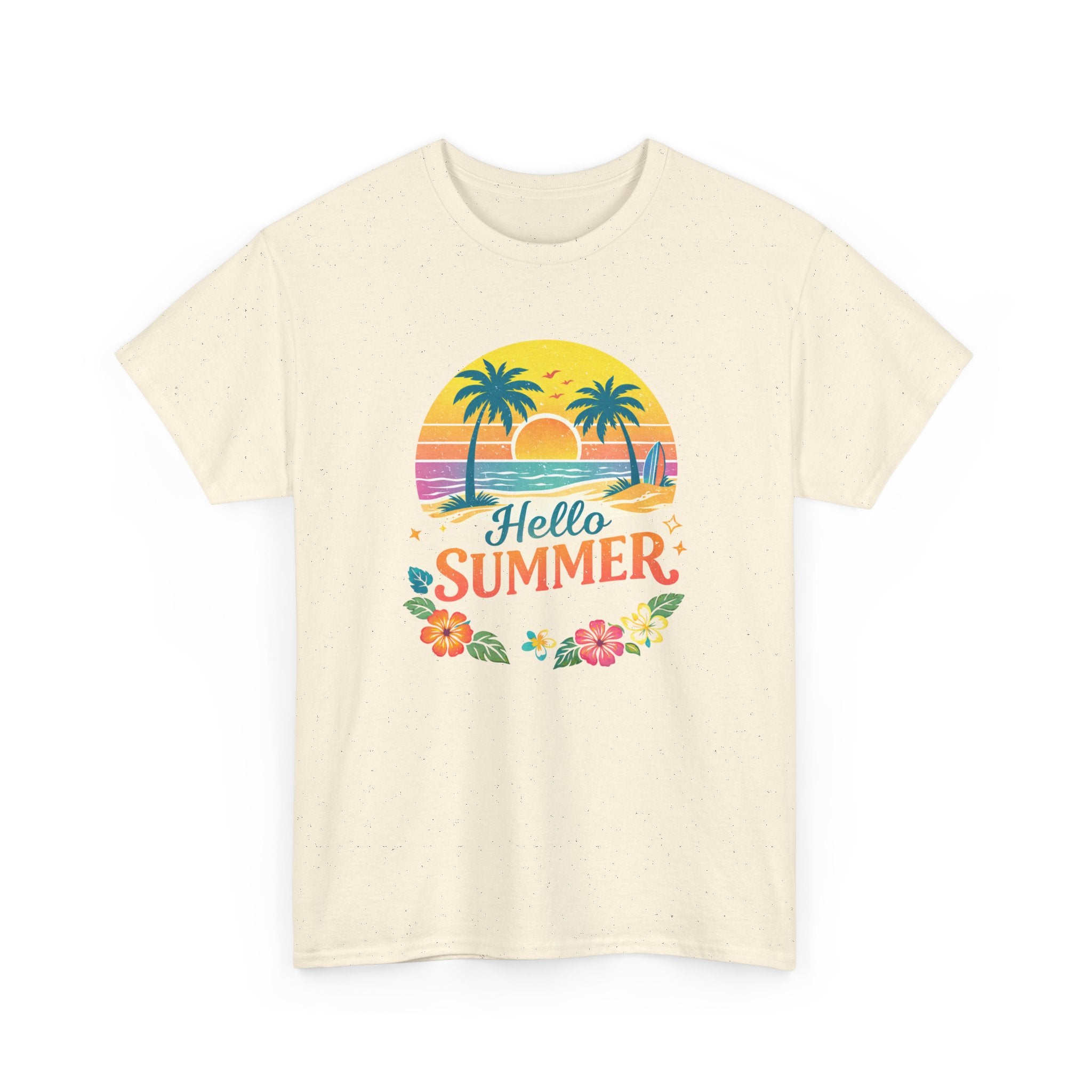 Beige retro t-shirt with 'Hello Summer' graphic design featuring palm trees and flowers on a white background