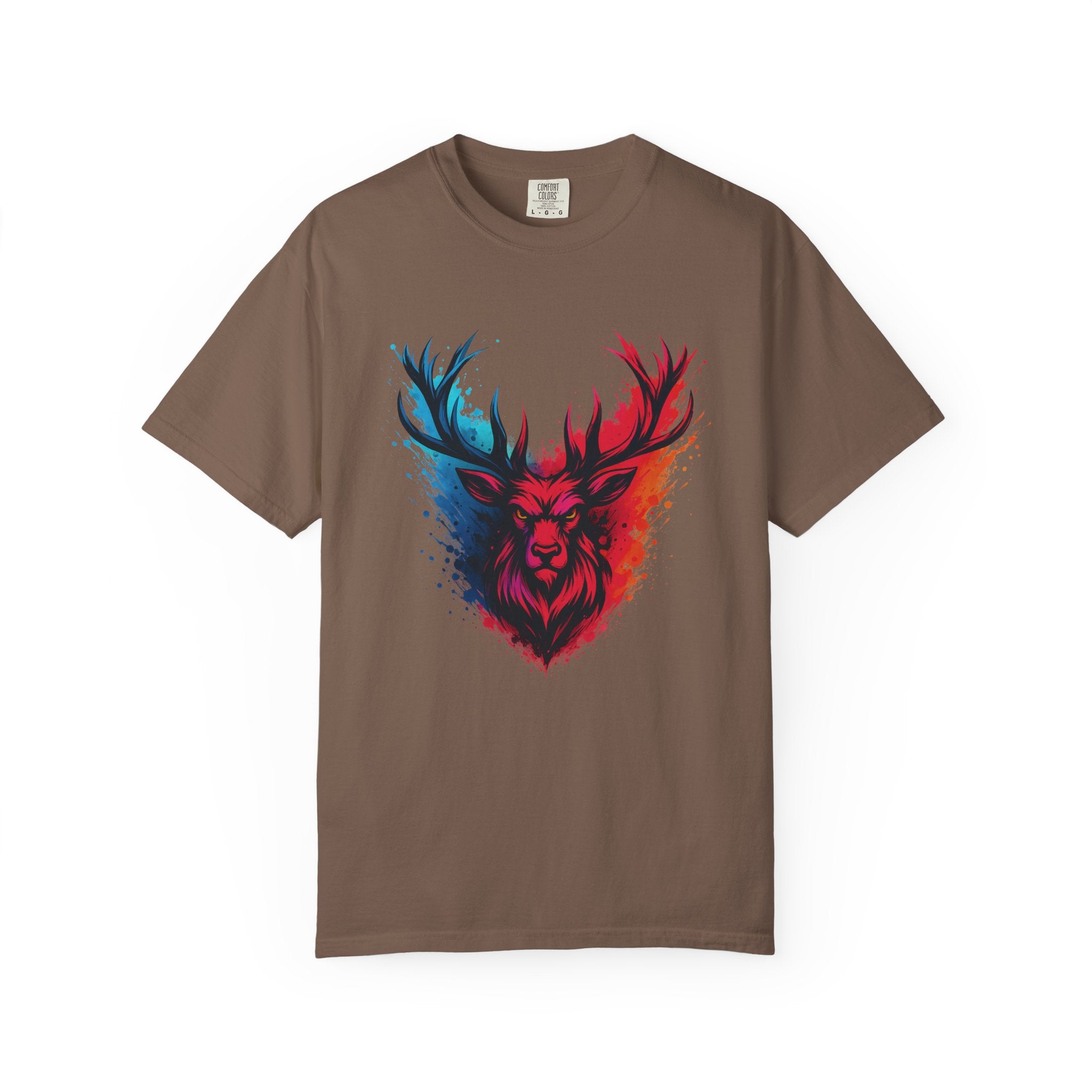 Stag Split-Color Splash T-Shirt — Red & Blue Deer Head Graphic