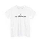White t-shirt with 'just one more walk' text and graphic on a white background