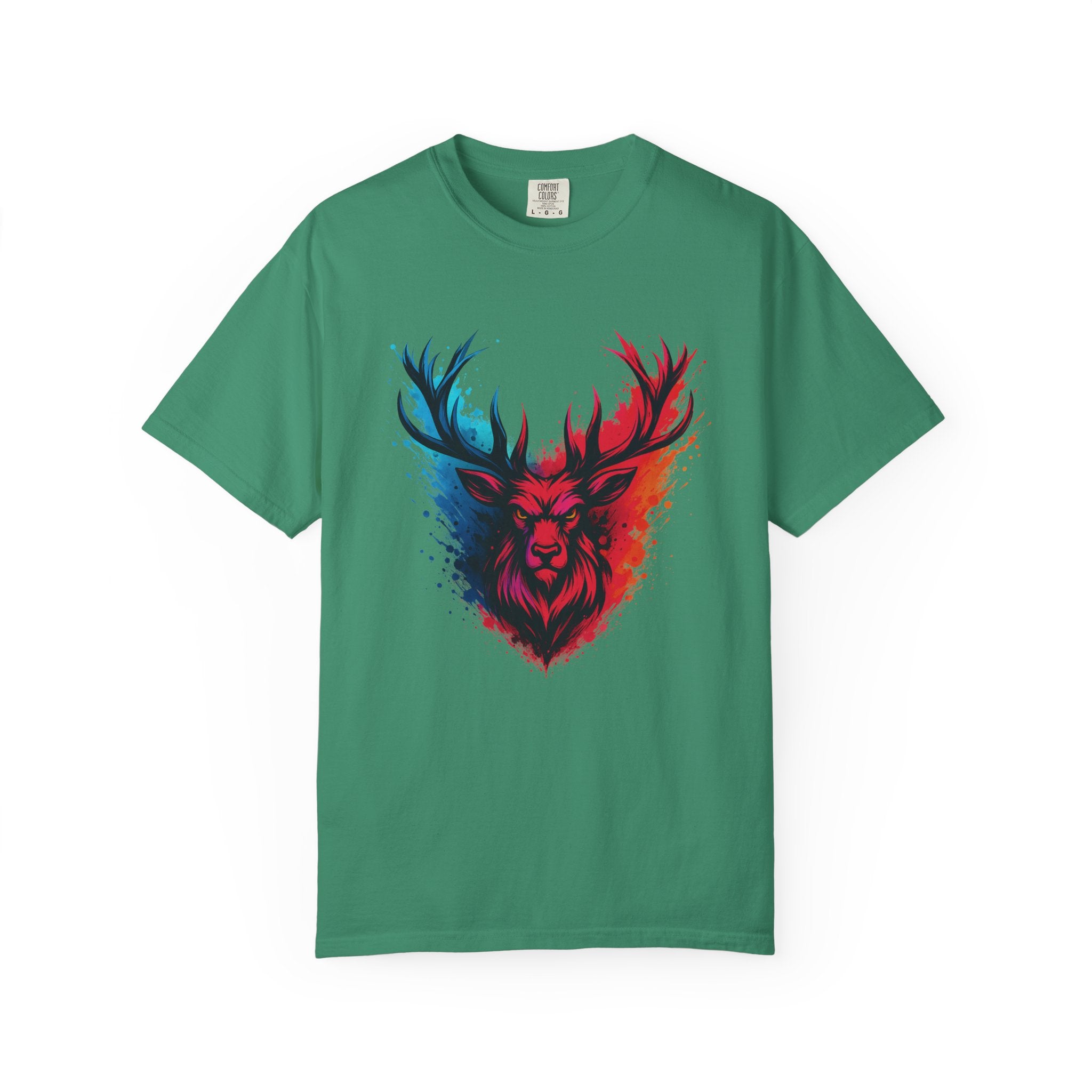Stag Split-Color Splash T-Shirt — Red & Blue Deer Head Graphic