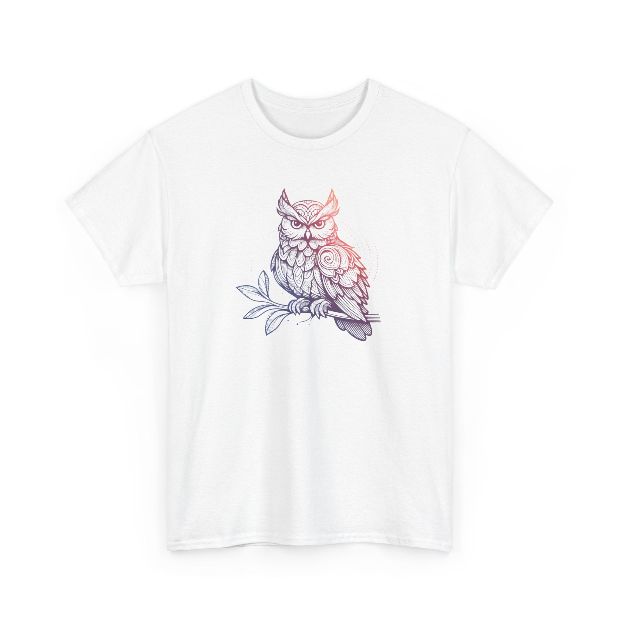 White t-shirt with a colorful gradient rainbow line owl design on a white background.