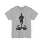 Gray t-shirt with a graphic of a runner and text 'one mile at a time' on a white background