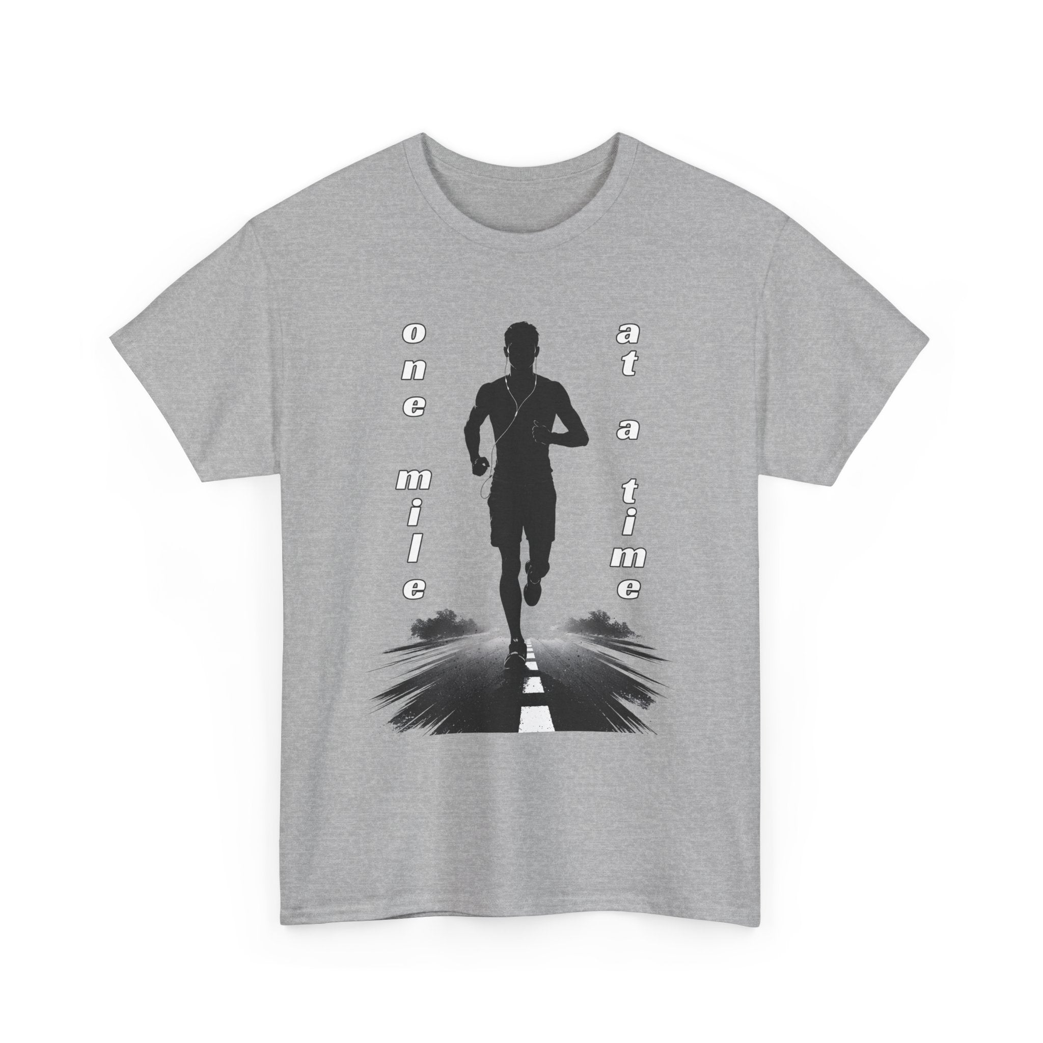 Gray t-shirt with a graphic of a runner and text 'one mile at a time' on a white background