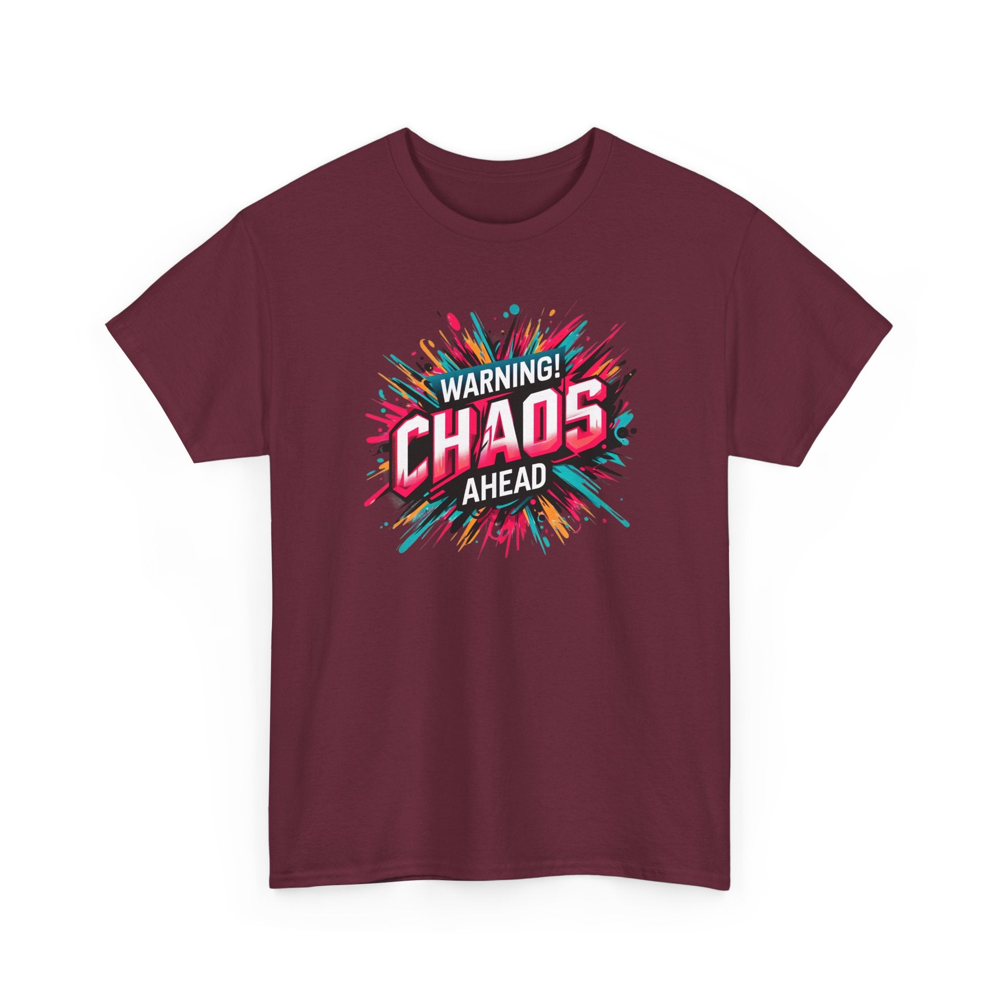 Chaos Ahead Graphic Tee — Warning! Colorful Explosion Design