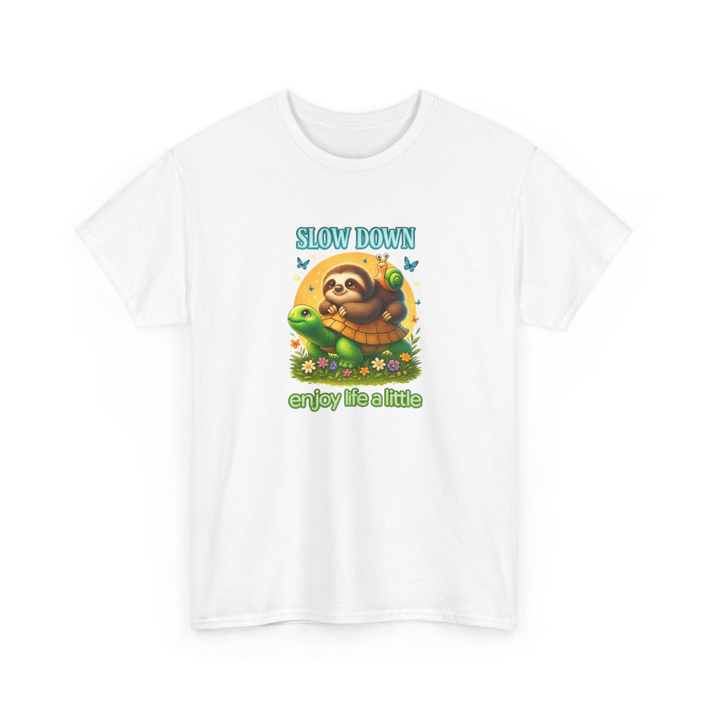 Slow Down Turtle Sloth & Snail V-Neck Tee — "Enjoy Life a Little" Relaxed Graphic Shirt