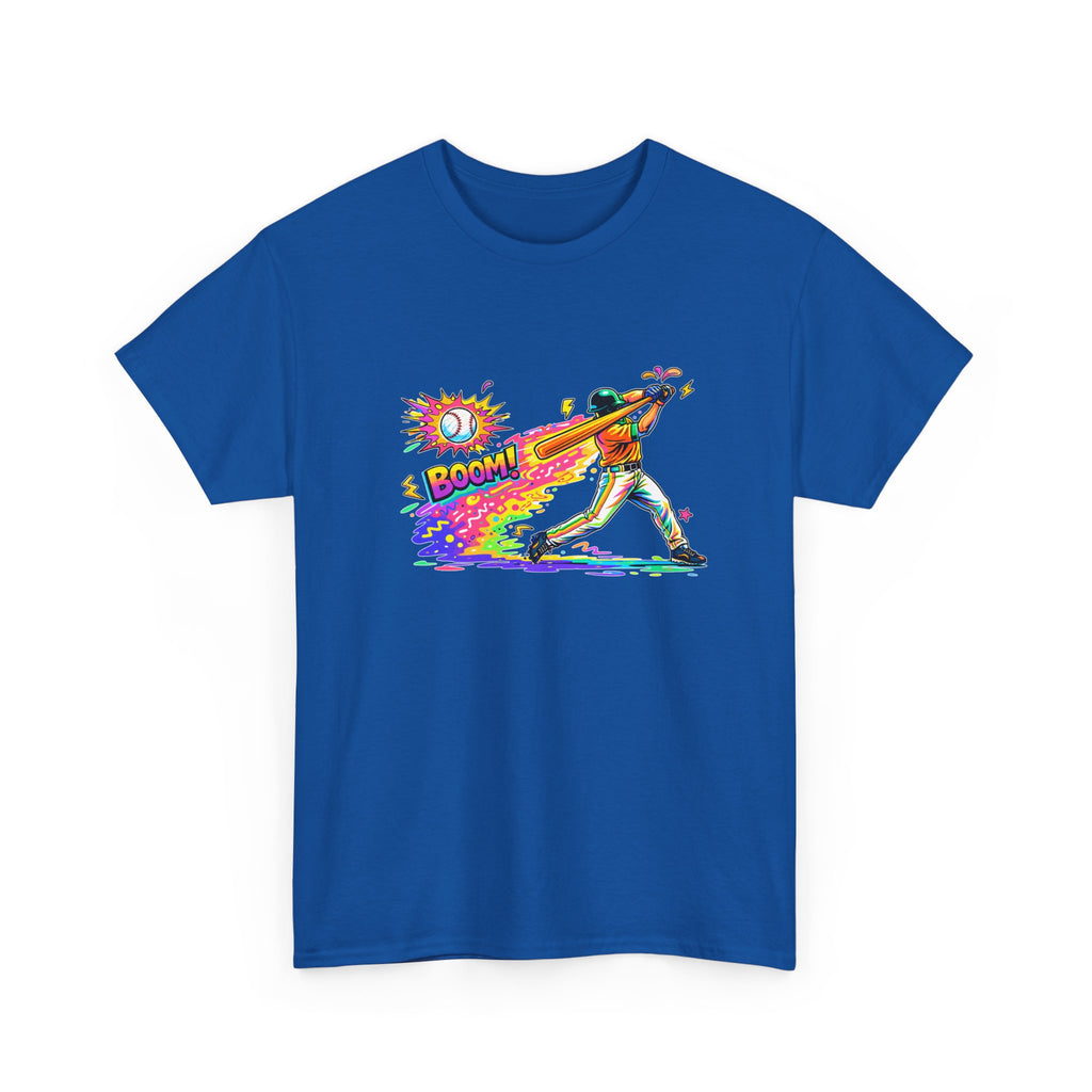Baseball Batter Rainbow Blast Tee — 'Boom!' Graphic Sports T-Shirt