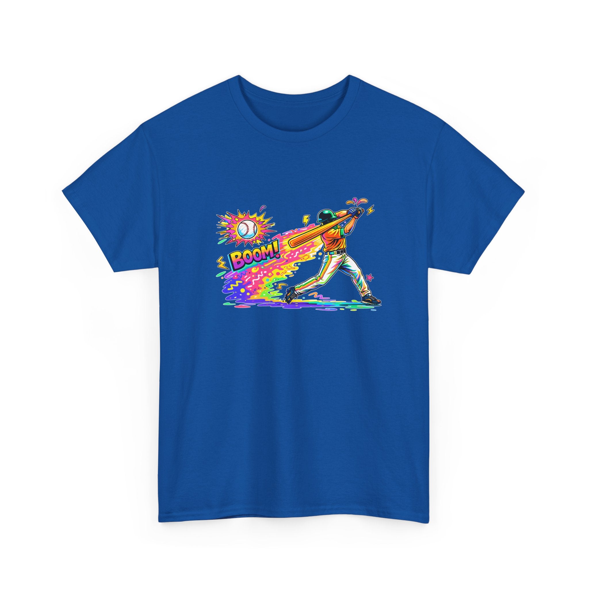 Baseball Batter Rainbow Blast Tee — 'Boom!' Graphic Sports T-Shirt