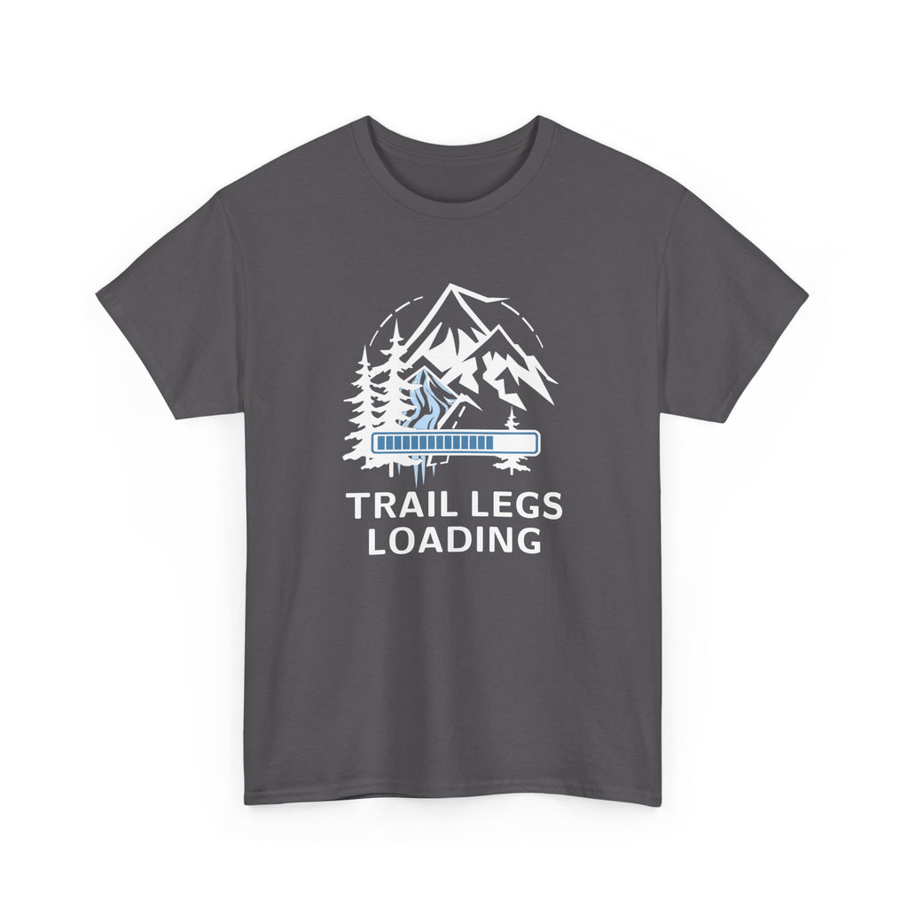 Gray t-shirt with mountain and tree graphic and 'Trail Legs Loading' text on a white background