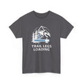 Gray t-shirt with mountain and tree graphic and 'Trail Legs Loading' text on a white background