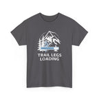 Gray t-shirt with mountain and tree graphic and 'Trail Legs Loading' text on a white background