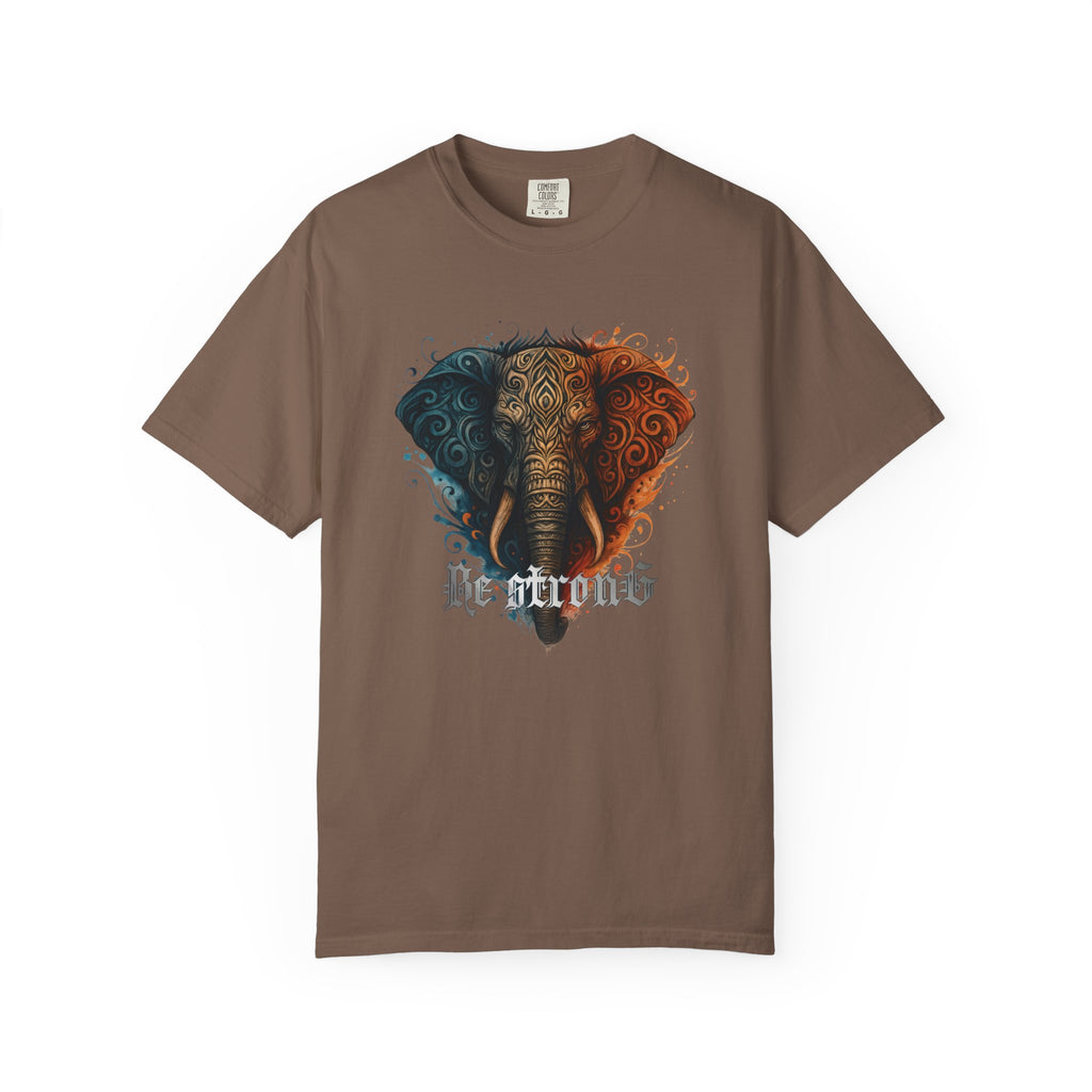 Elephant Head Graphic Tee — 'Be Strong' Tribal Art T-Shirt