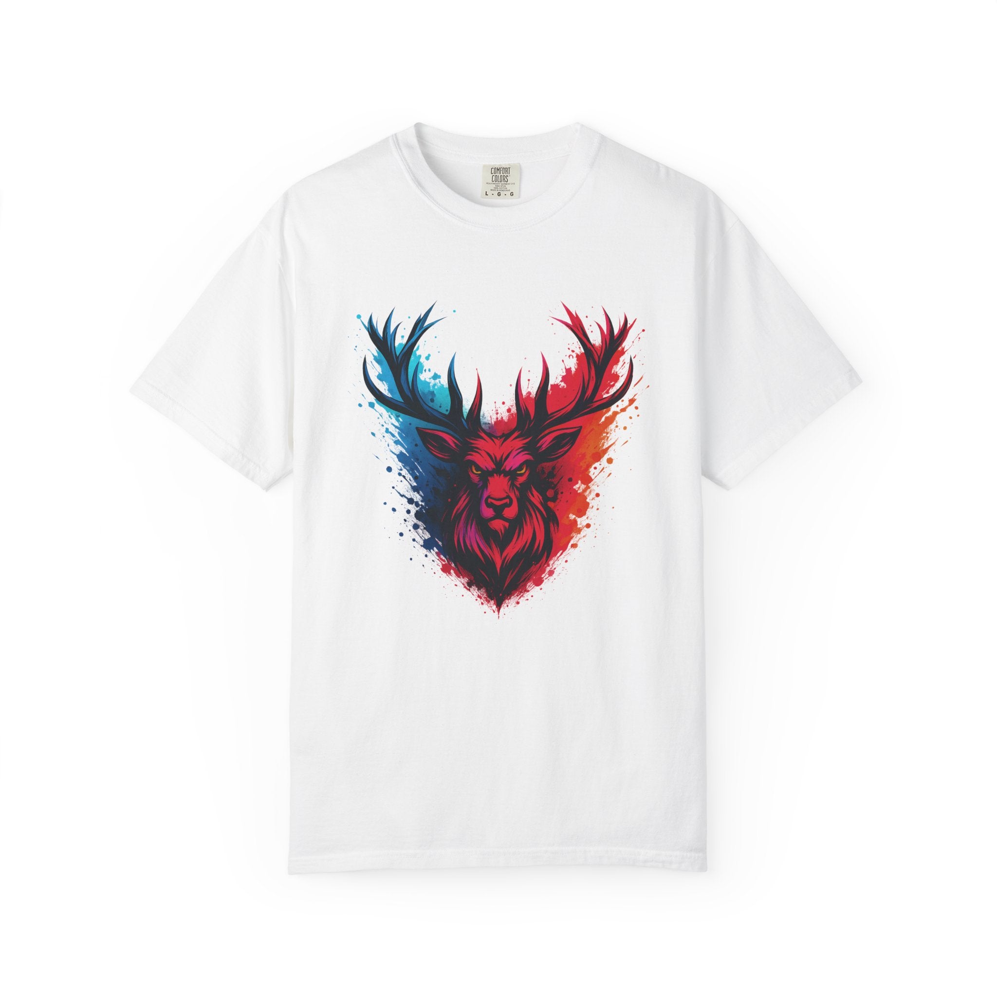 Bold, colorful tribal buck deer elk head illustration with blue, red, and orange abstract splash patterns giving it a painted, artistic look.