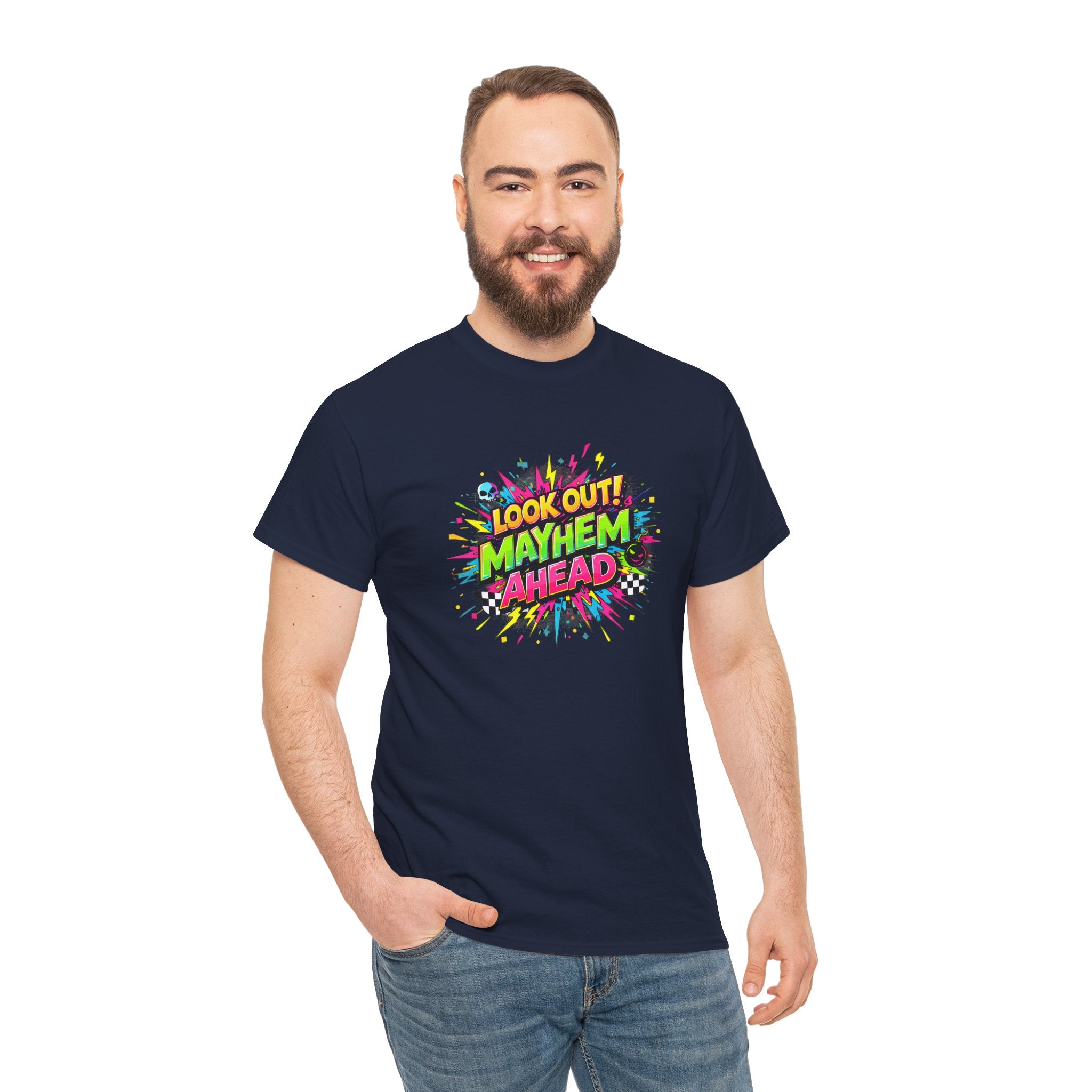 Look Out! Mayhem Ahead Graphic Tee — Colorful Retro Comic Humor Shirt