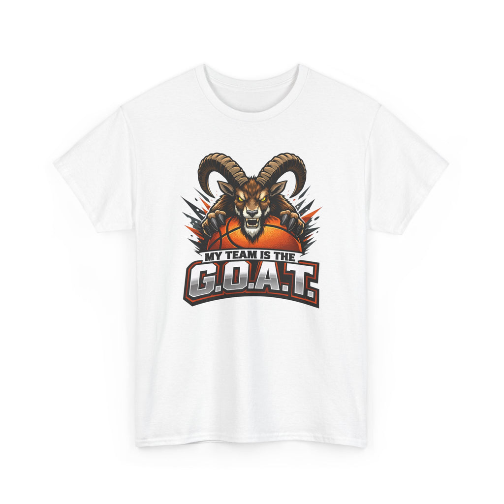 White t-shirt with a graphic of a goat and basketball with text 'My Team is the G.O.A.T.' on a white background