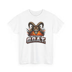 White t-shirt with a graphic of a goat and basketball with text 'My Team is the G.O.A.T.' on a white background