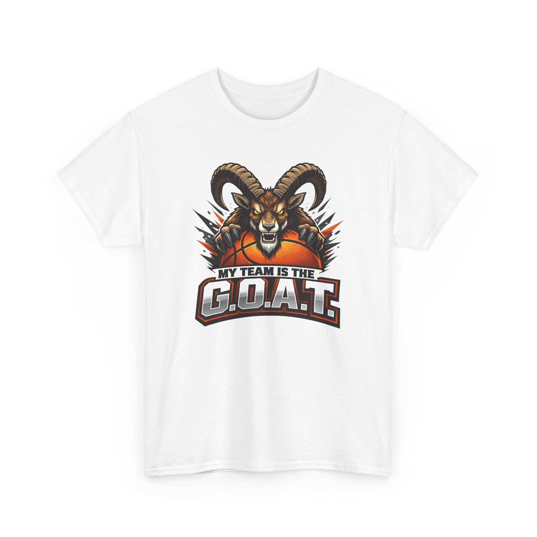 White t-shirt with a graphic of a goat and basketball with text 'My Team is the G.O.A.T.' on a white background
