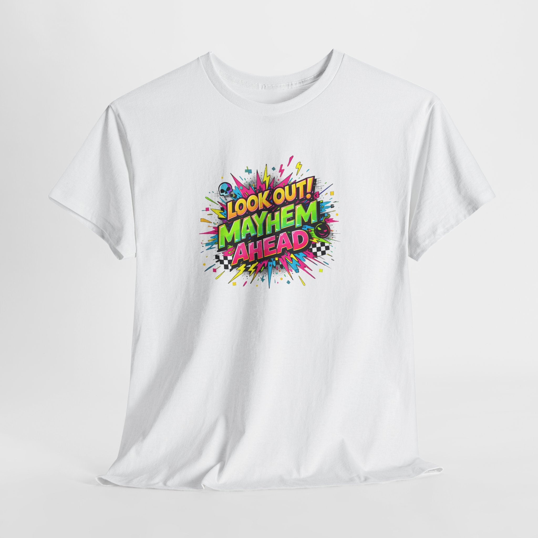 Look Out! Mayhem Ahead Graphic Tee — Colorful Retro Comic Humor Shirt
