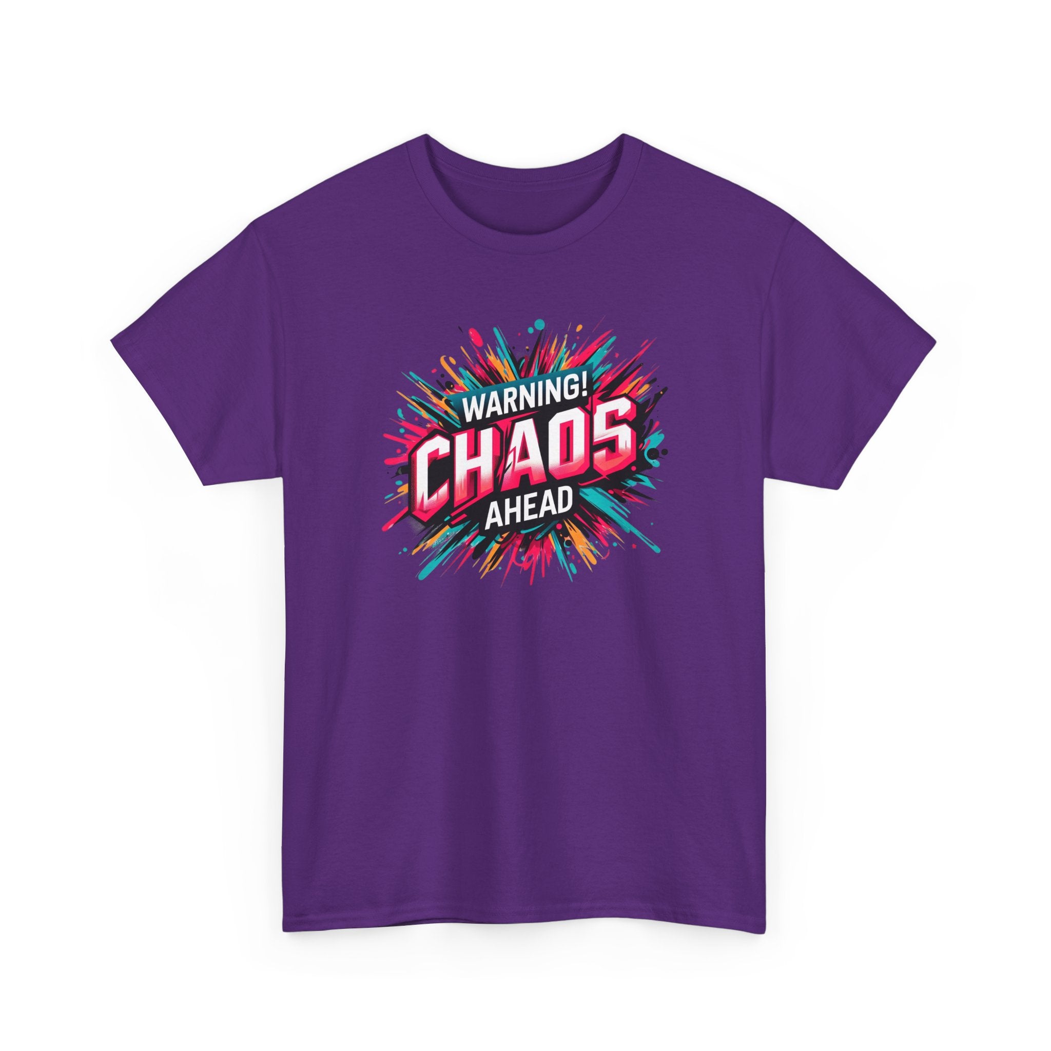 Chaos Ahead Graphic Tee — Warning! Colorful Explosion Design