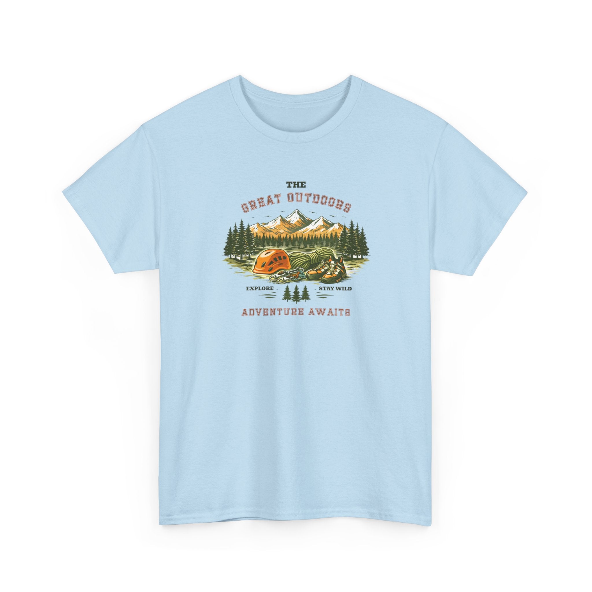Rock Climbing Camping T-Shirt — "The Great Outdoors: Adventure Awaits" Graphic Tee