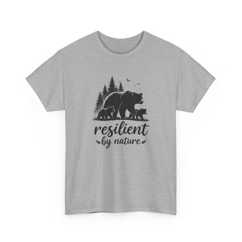 Gray t-shirt with bear family graphic and 'resilient by nature' text on a white background