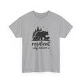 Gray t-shirt with bear family graphic and 'resilient by nature' text on a white background