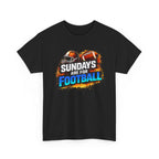 Black t-shirt with 'Sundays are for Football' graphic design on a white background