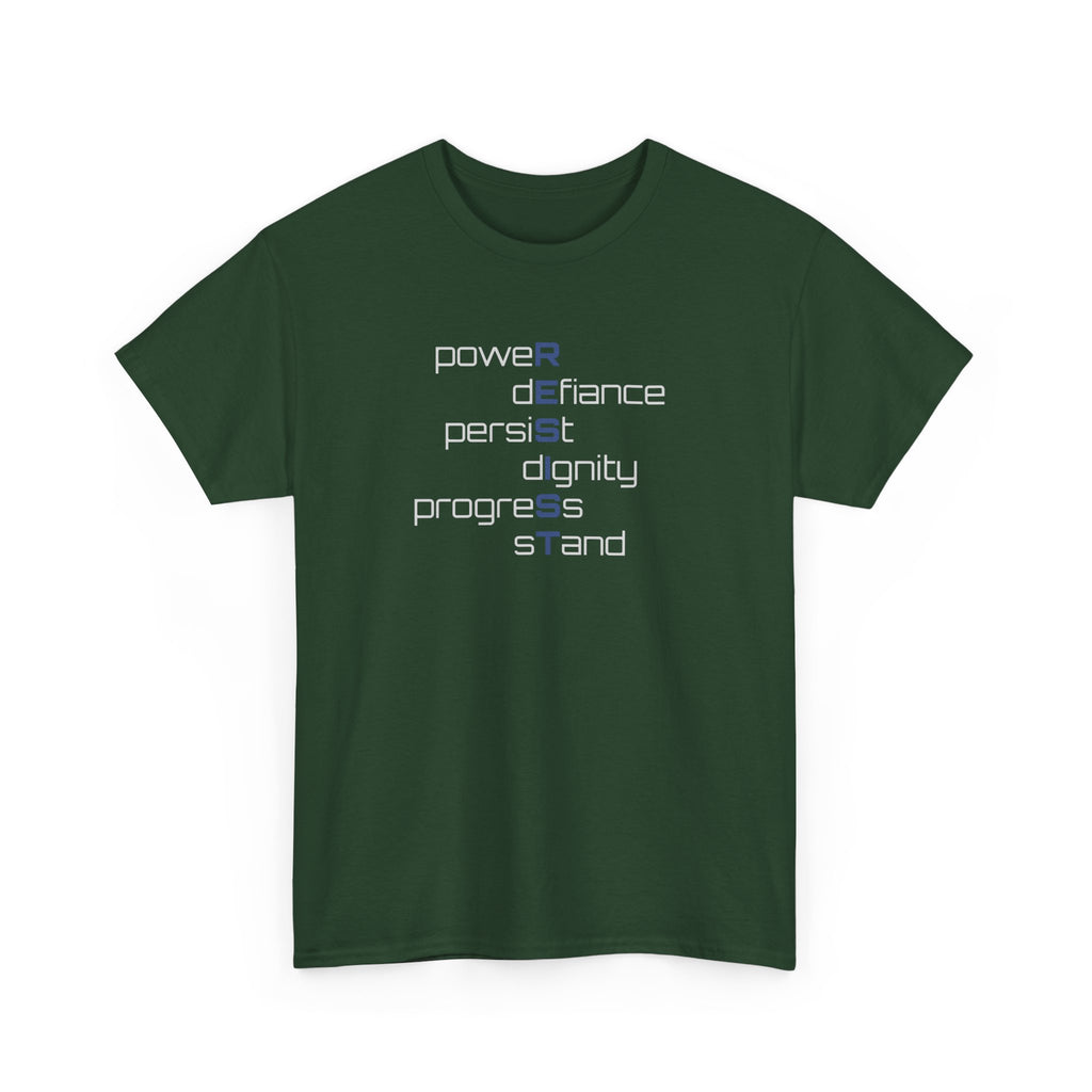 Resist T‑Shirt — 'power defiance persist dignity progress stand' Minimalist Protest Tee