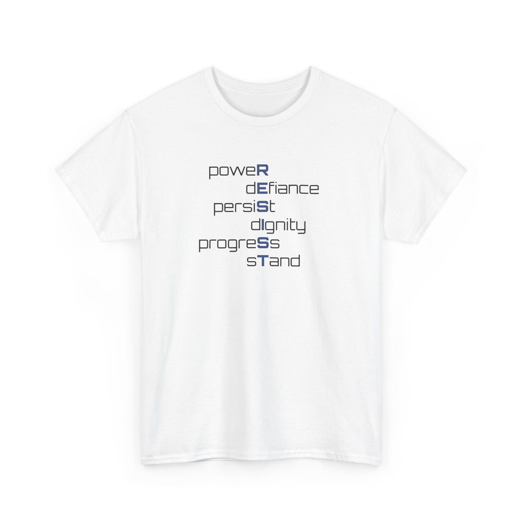 the word 'resist' down the middle with the words power, defiance, persist, dignity, progress, and stand spreading from it