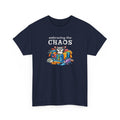 Navy blue t-shirt with colorful graphic of a raccoon in a basket of laundry and 'embracing the CHAOS' text on a white background