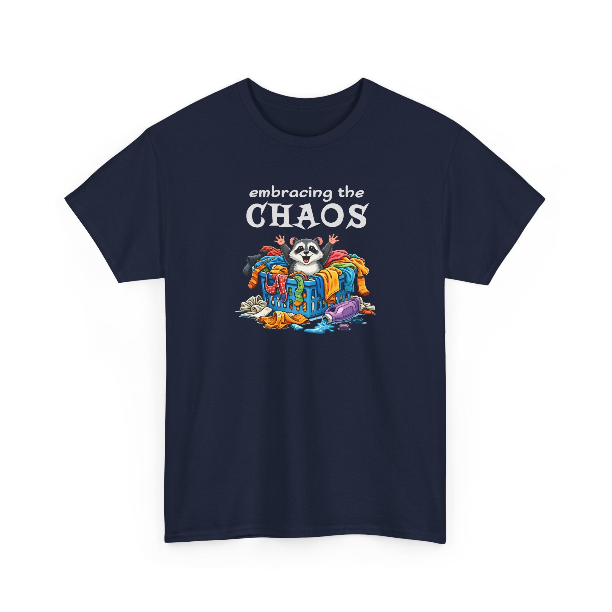 Navy blue t-shirt with colorful graphic of a raccoon in a basket of laundry and 'embracing the CHAOS' text on a white background