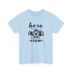Hiking Tee — "Here for the View" Camera  And Mountain Graphic Shirt