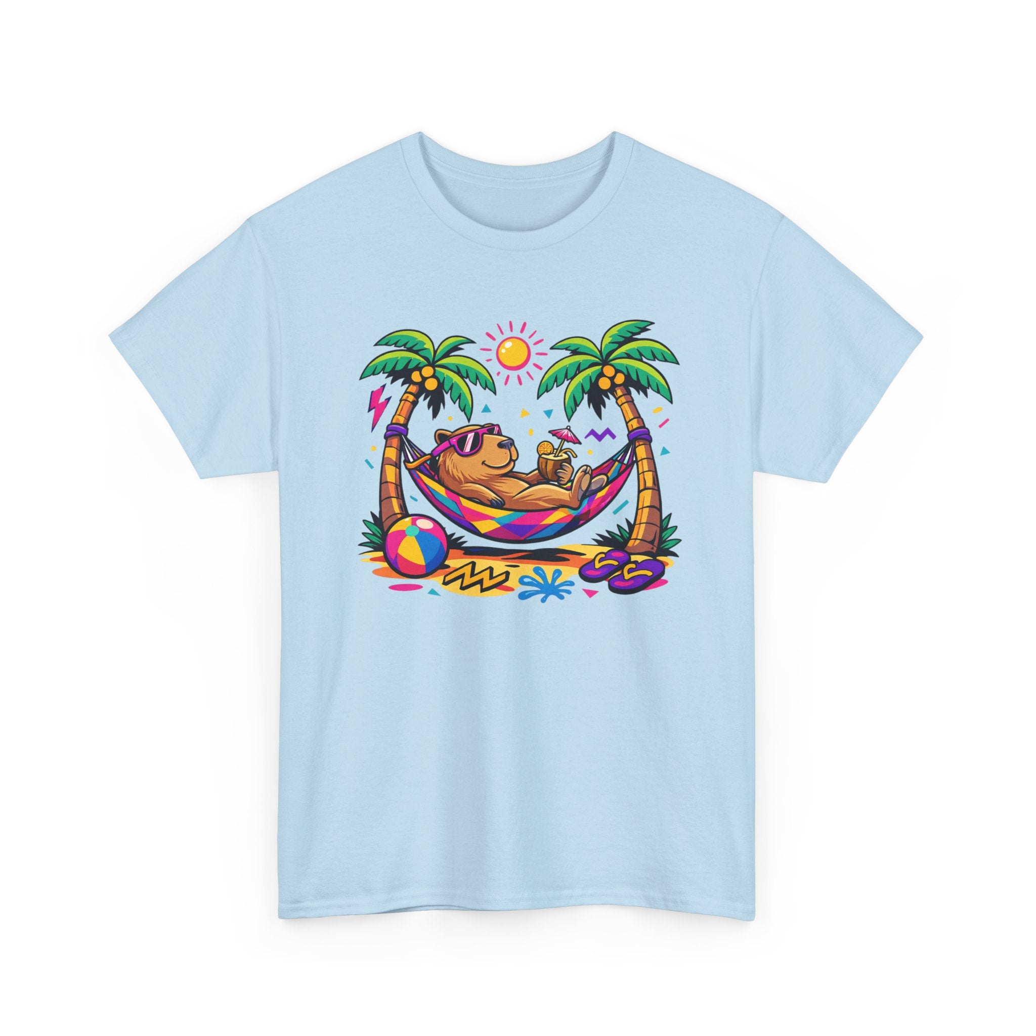 Light blue t-shirt with a colorful graphic of a capybara in a hammock between palm trees on a white background.
