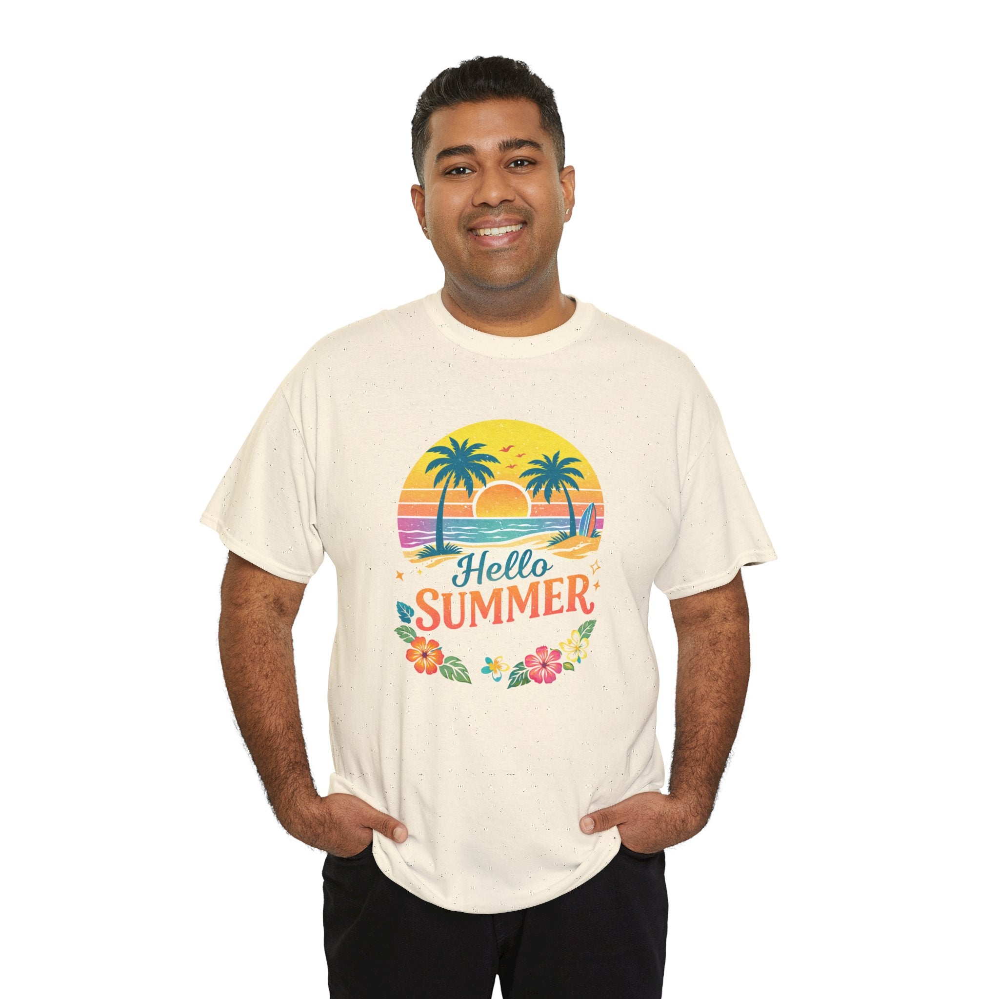 Hello Summer T-Shirt — Tropical Beach Palm Tree Graphic Tee