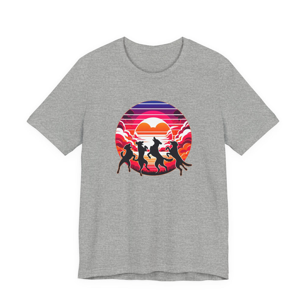 Retro Sunset Dancing Dogs T-Shirt — Vintage Rainbow Skyline Graphic Tee
