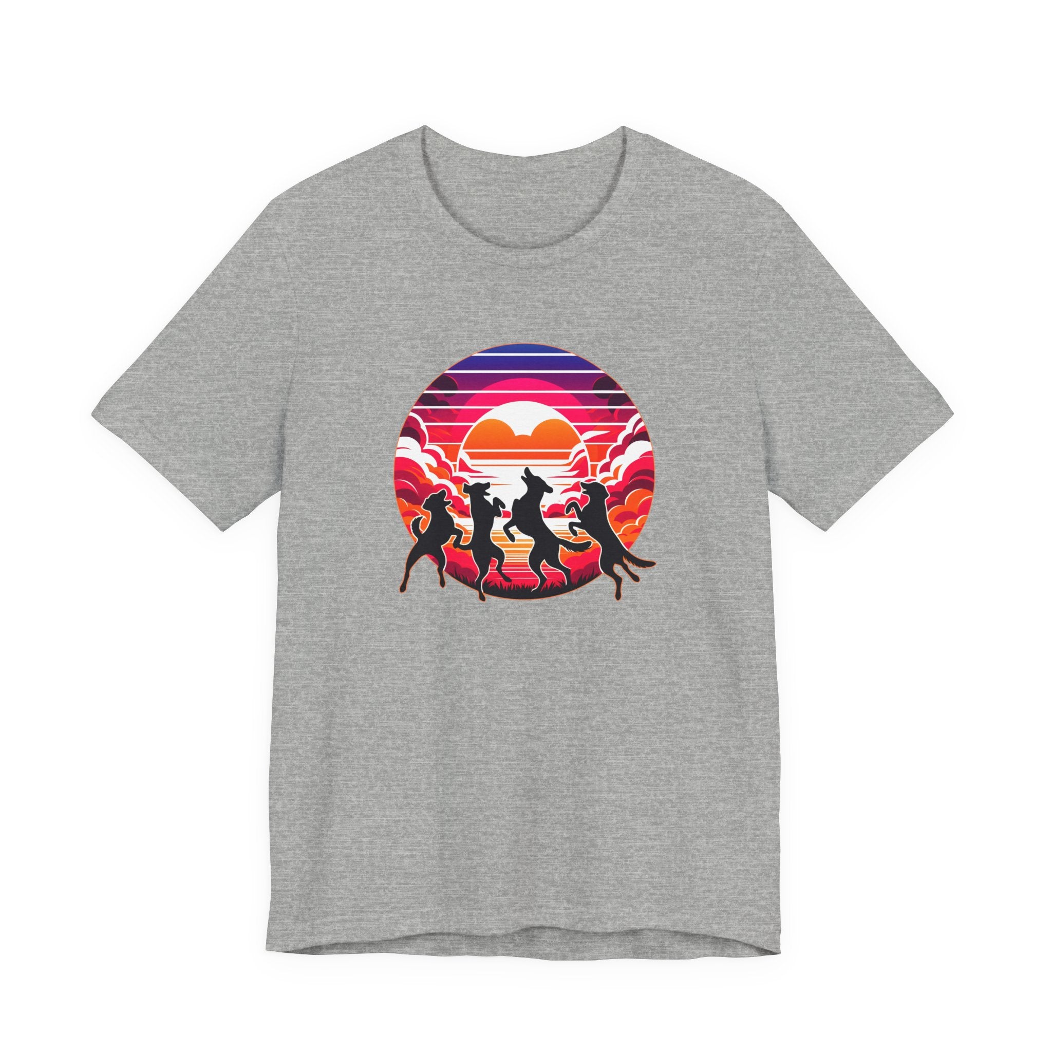 Retro Sunset Dancing Dogs T-Shirt — Vintage Rainbow Skyline Graphic Tee