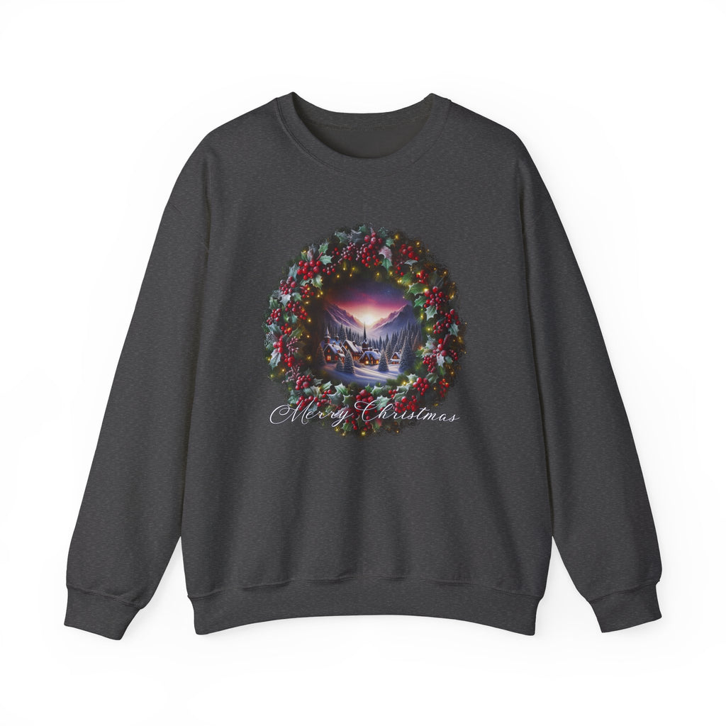 Christmas Wreath Crewneck Sweatshirt — Vintage Winter Scene Christmas Wishes
