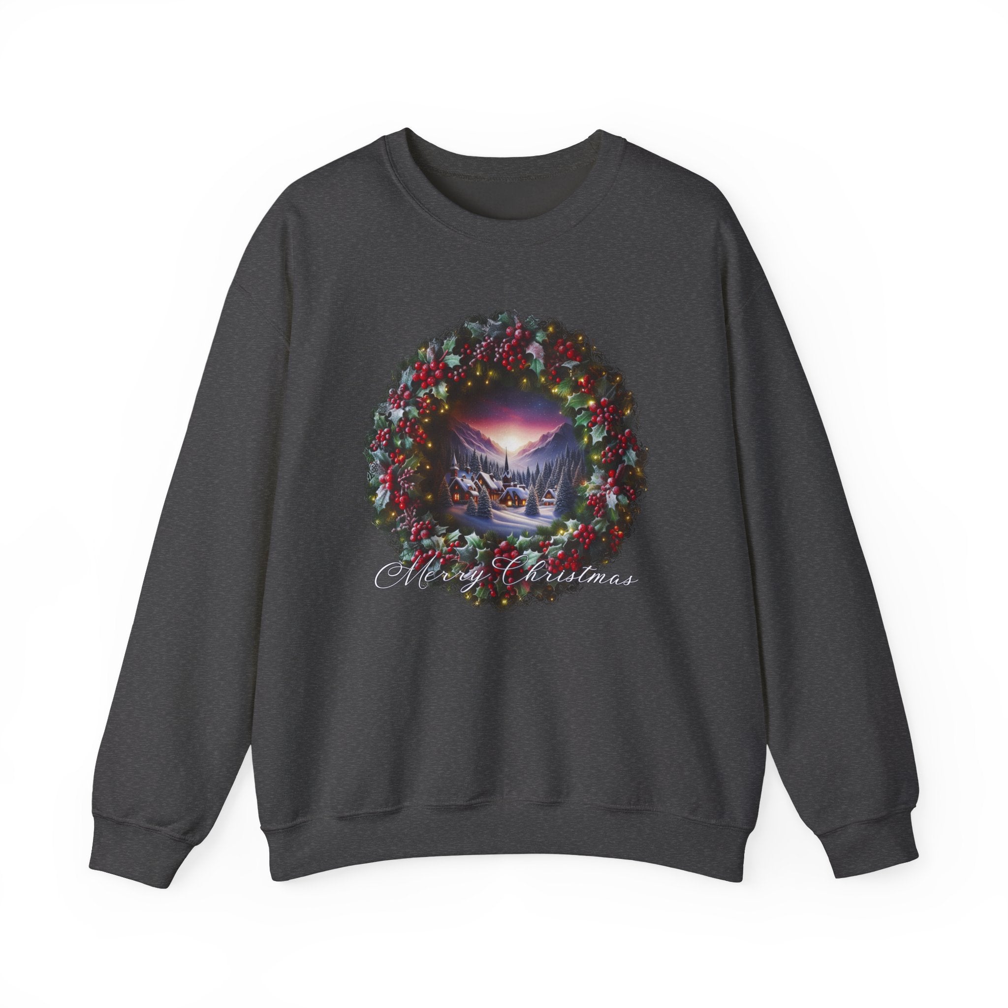 Christmas Wreath Crewneck Sweatshirt — Vintage Winter Scene Christmas Wishes